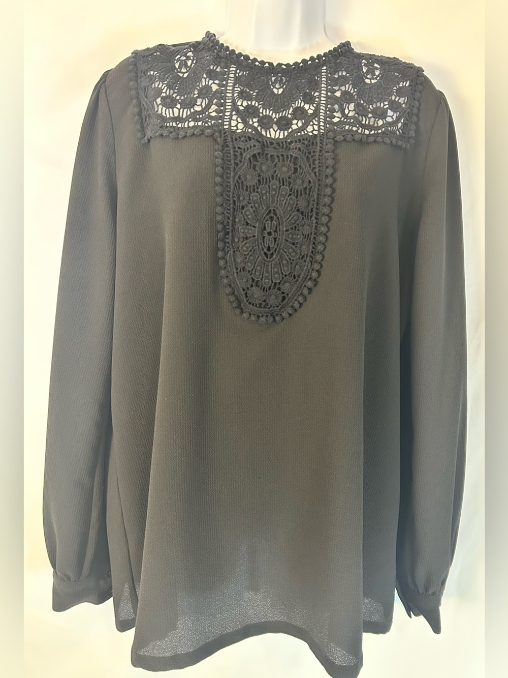 Halogen Black Sheer Blouse Embroidered Lace Bib Long Sleeve Large